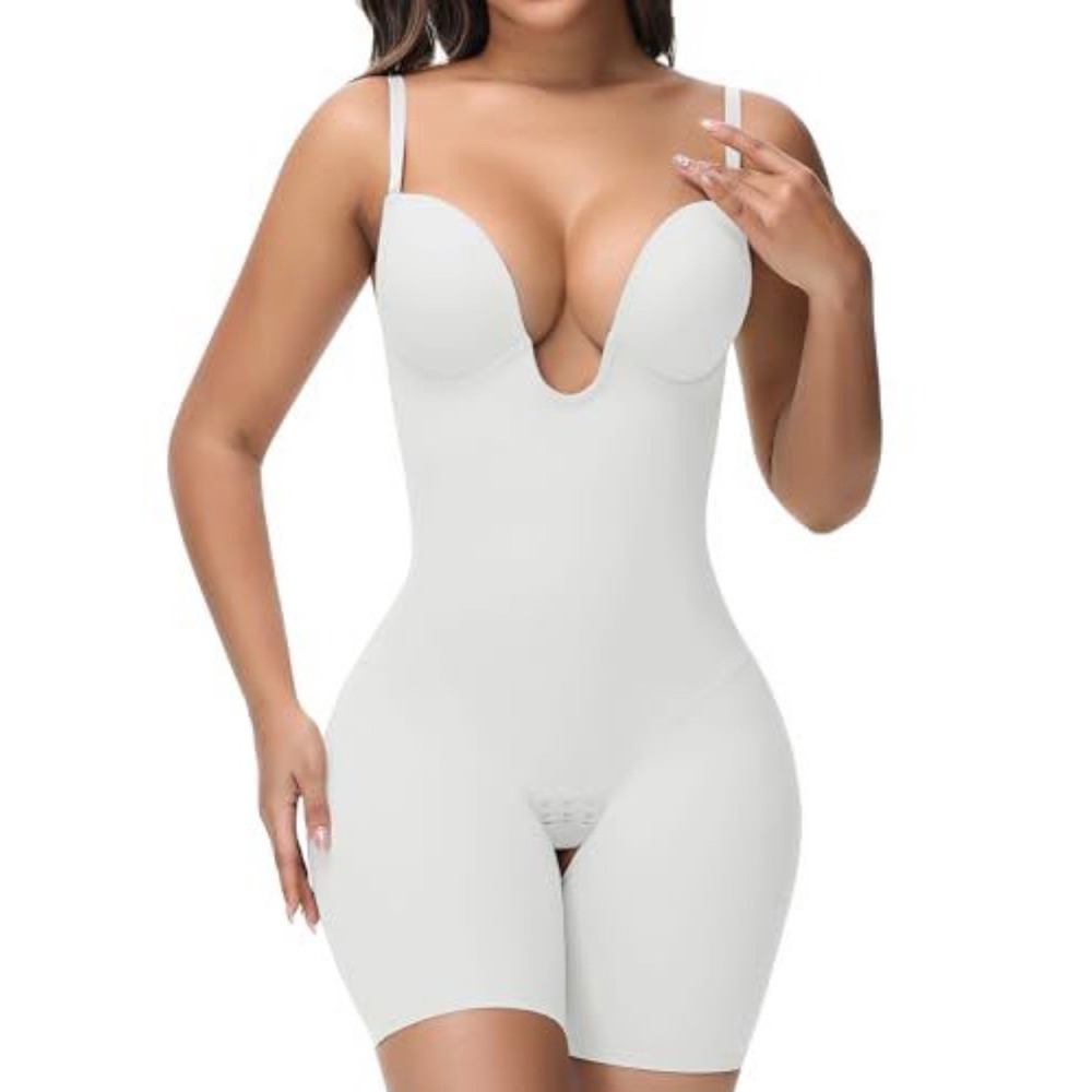 Shapermint Essential Low Back  Bodysuit Women XL White Plunge Neck Tummy Control